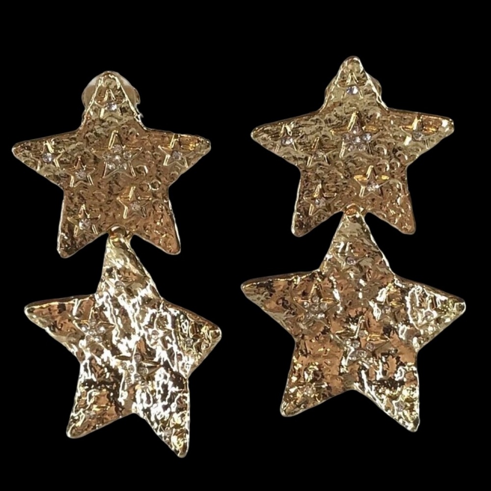 Gold Tone Star Shaped Clip On Dangle Earrings Rhinestone Accents